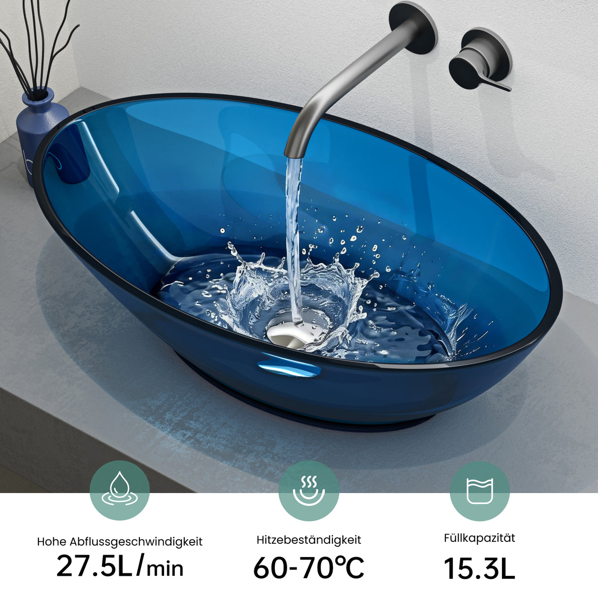 glasvilla Lavabo da Appoggio in Resina 63x34x17cm, Lavabo da Bagno Ovale senza Foro Rubinetto e Troppopieno, Coloria02