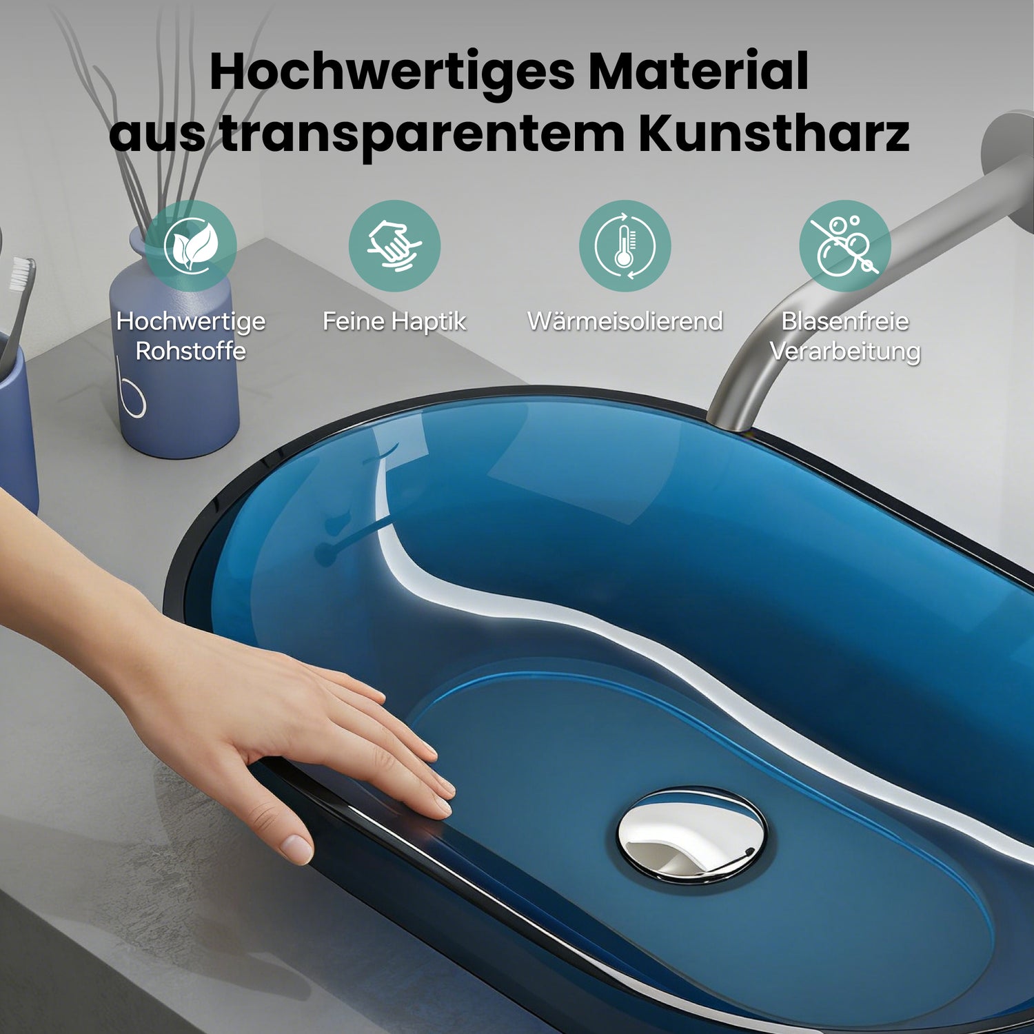 glasvilla Lavabo da Appoggio in Resina 54x34x10.5cm, Lavabo da Bagno Ovale senza Foro Rubinetto e Troppopieno, Coloria03