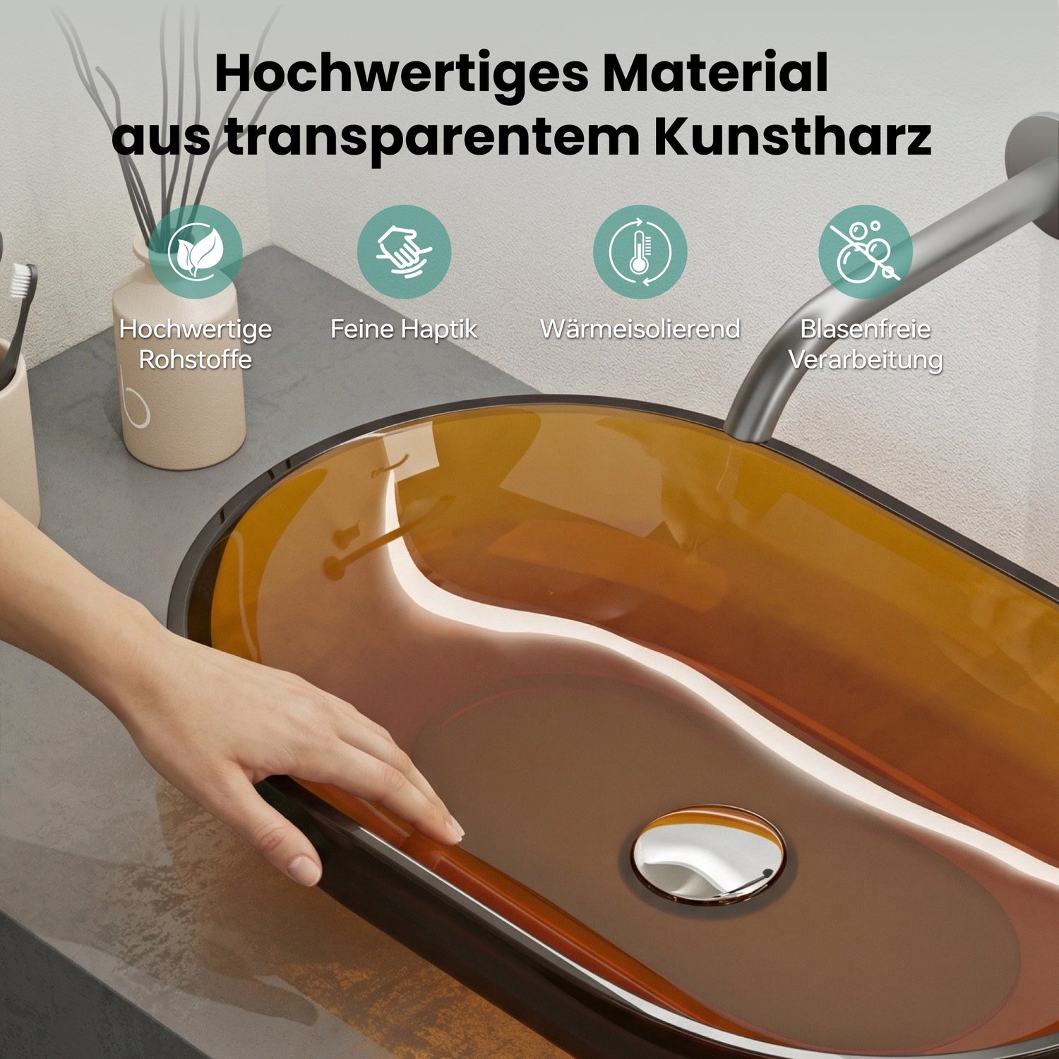 glasvilla Lavabo da Appoggio in Resina 54x34x10.5cm, Lavabo da Bagno Ovale senza Foro Rubinetto e Troppopieno, Coloria03