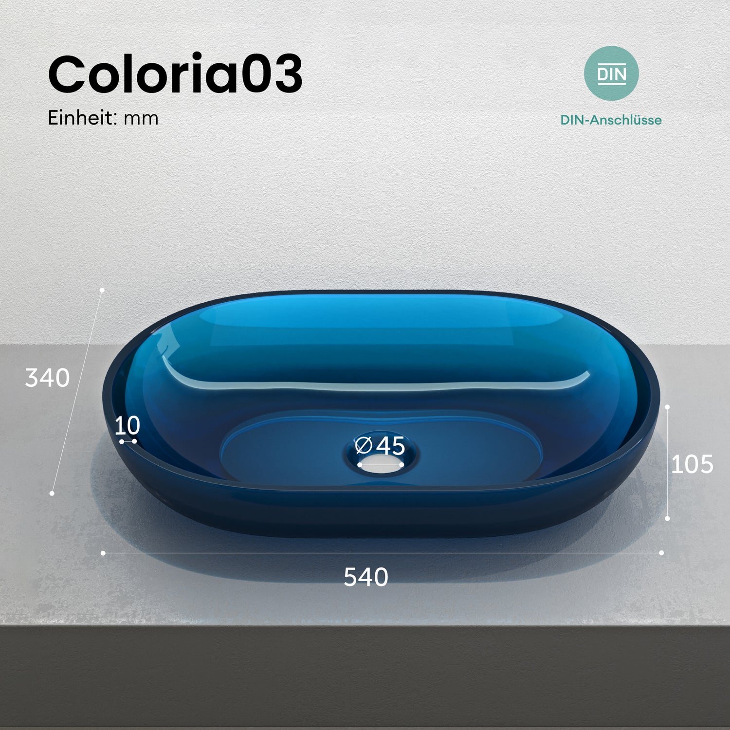 glasvilla Lavabo da Appoggio in Resina 54x34x10.5cm, Lavabo da Bagno Ovale senza Foro Rubinetto e Troppopieno, Coloria03