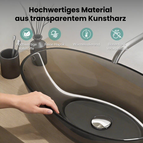 glasvilla Lavabo da Appoggio in Resina 60x36x14cm, Lavabo da Bagno Ovale Senza Foro Rubinetto e Troppopieno, Coloria04