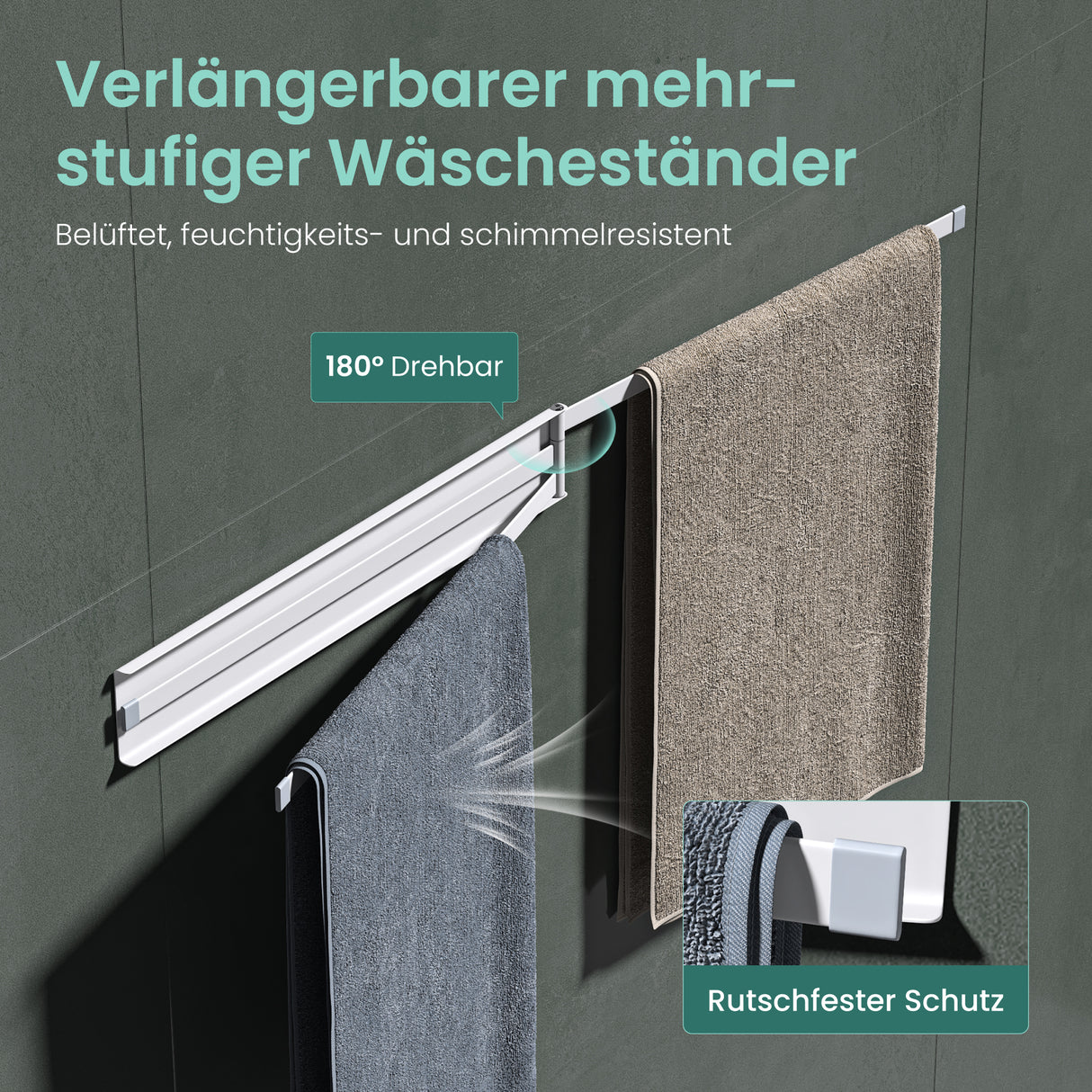 glasvilla Porta Asciugamani da Parete Portasciugamani con 3 Bracci Girevole a 180° Porta Asciugamani Adesivo da Parete per Bagno e Cucina Folda-02