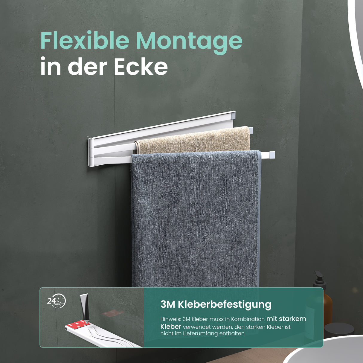glasvilla Porta Asciugamani da Parete Portasciugamani con 3 Bracci Girevole a 180° Porta Asciugamani Adesivo da Parete per Bagno e Cucina Folda-02
