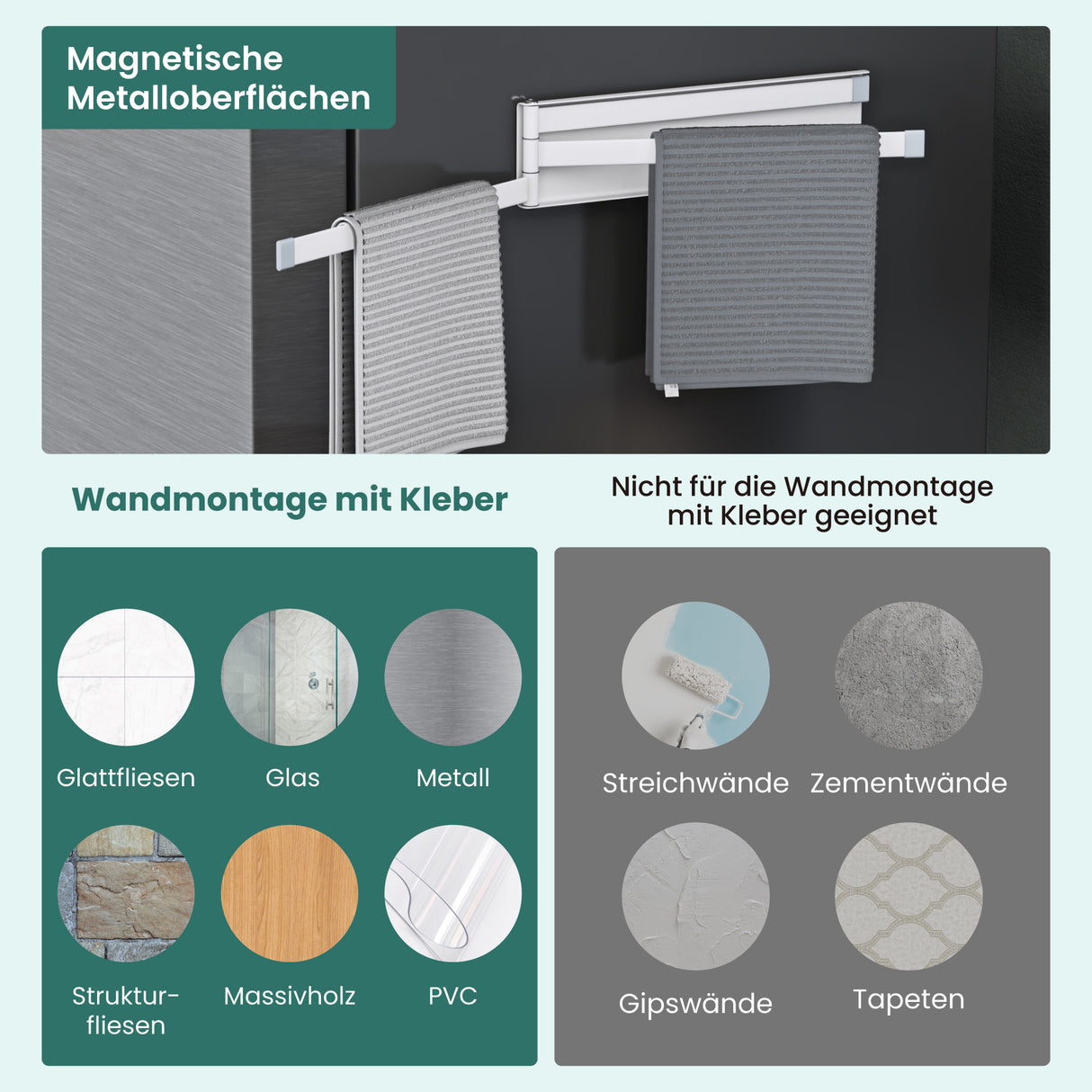 glasvilla Porta Asciugamani da Parete Portasciugamani con 3 Bracci Girevole a 180° Porta Asciugamani Adesivo da Parete per Bagno e Cucina Folda-02