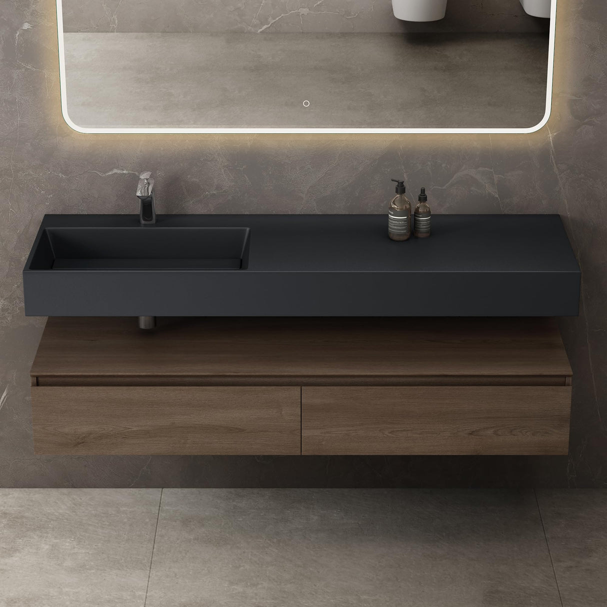 glasvilla Mobile Bagno Sospeso 150x48x25cm con Cassetti a Chiusura Soft-Close Mobile da Bagno con Lavabo da Marmo Fuso UP