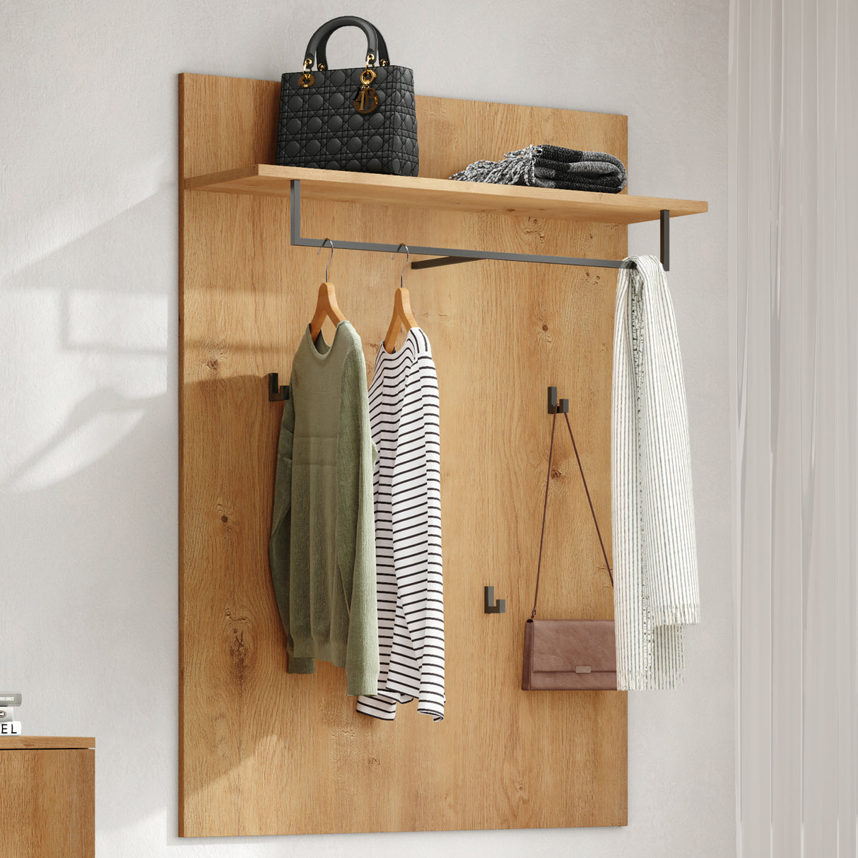 glasvilla Pannello Appendiabiti da Parete con Asta e 5 Appendiabiti, Mensola, Appendiabiti Guardaroba per Ingresso Corridoio, Gabo-01