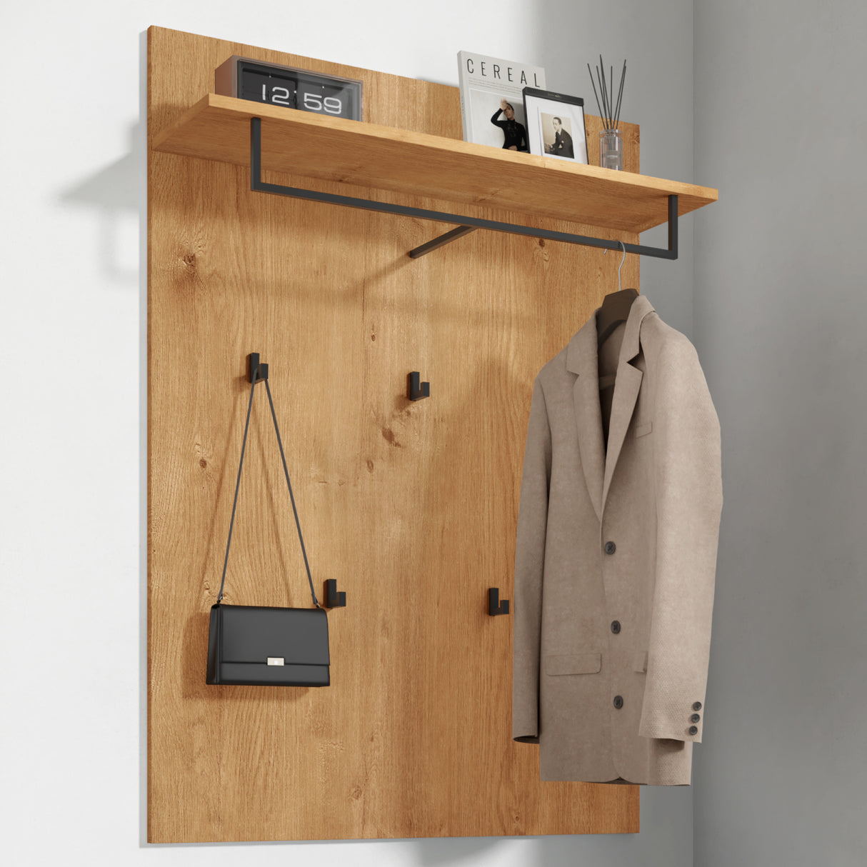 glasvilla Pannello Appendiabiti da Parete con Asta e 5 Appendiabiti, Mensola, Appendiabiti Guardaroba per Ingresso Corridoio, Gabo-01