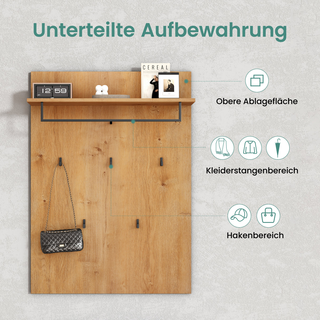 glasvilla Pannello Appendiabiti da Parete con Asta e 5 Appendiabiti, Mensola, Appendiabiti Guardaroba per Ingresso Corridoio, Gabo-01