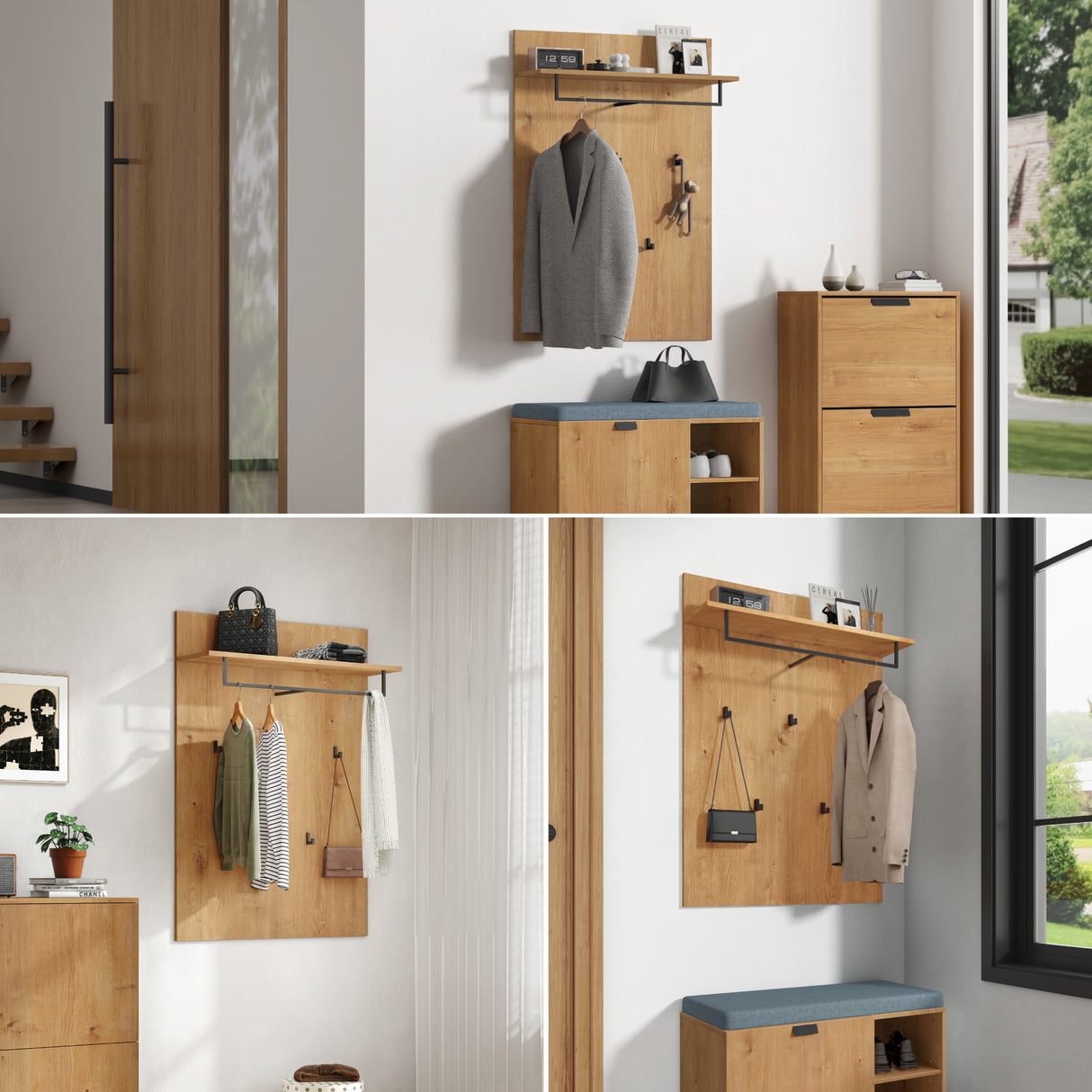 glasvilla Pannello Appendiabiti da Parete con Asta e 5 Appendiabiti, Mensola, Appendiabiti Guardaroba per Ingresso Corridoio, Gabo-01