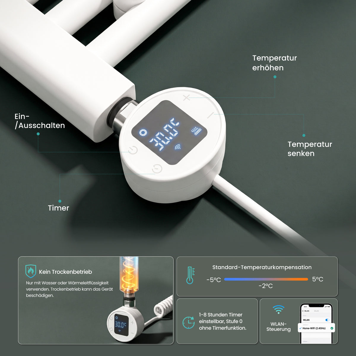glasvilla Smart WiFi Heizstab für Badheizkörper, Heizelement  Elektrischer Heizstab mit App-Steuerung, Thermostat & Timer-Funktion, Heizpatrone für Handtuchheizkörper Heizstab-03