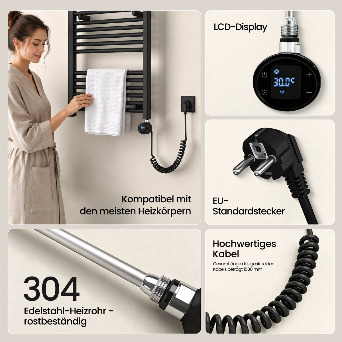 glasvilla Smart WiFi Heizstab für Badheizkörper, Heizelement  Elektrischer Heizstab mit App-Steuerung, Thermostat & Timer-Funktion, Heizpatrone für Handtuchheizkörper Heizstab-03