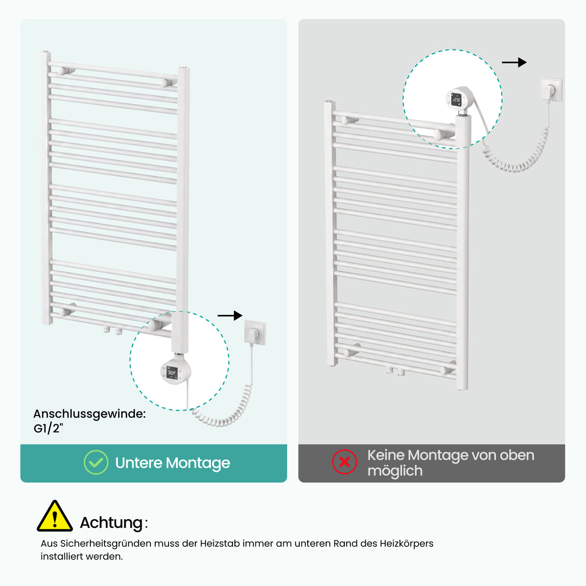 glasvilla Smart WiFi Heizstab für Badheizkörper, Heizelement  Elektrischer Heizstab mit App-Steuerung, Thermostat & Timer-Funktion, Heizpatrone für Handtuchheizkörper Heizstab-03