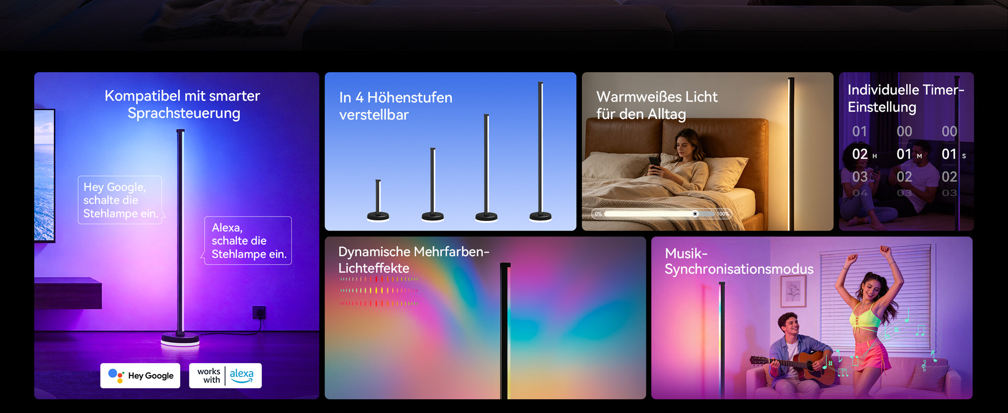 glasvilla Stehlampe Wohnzimmer Dimmbar, RGBICWW Stehlampe mit reinem Warmweiß & 16 Millionen Farben, App & Fernbedienung, Musik-Sync, 270° Licht, Timer, für Schlafzimmer Gaming, Lineora-01