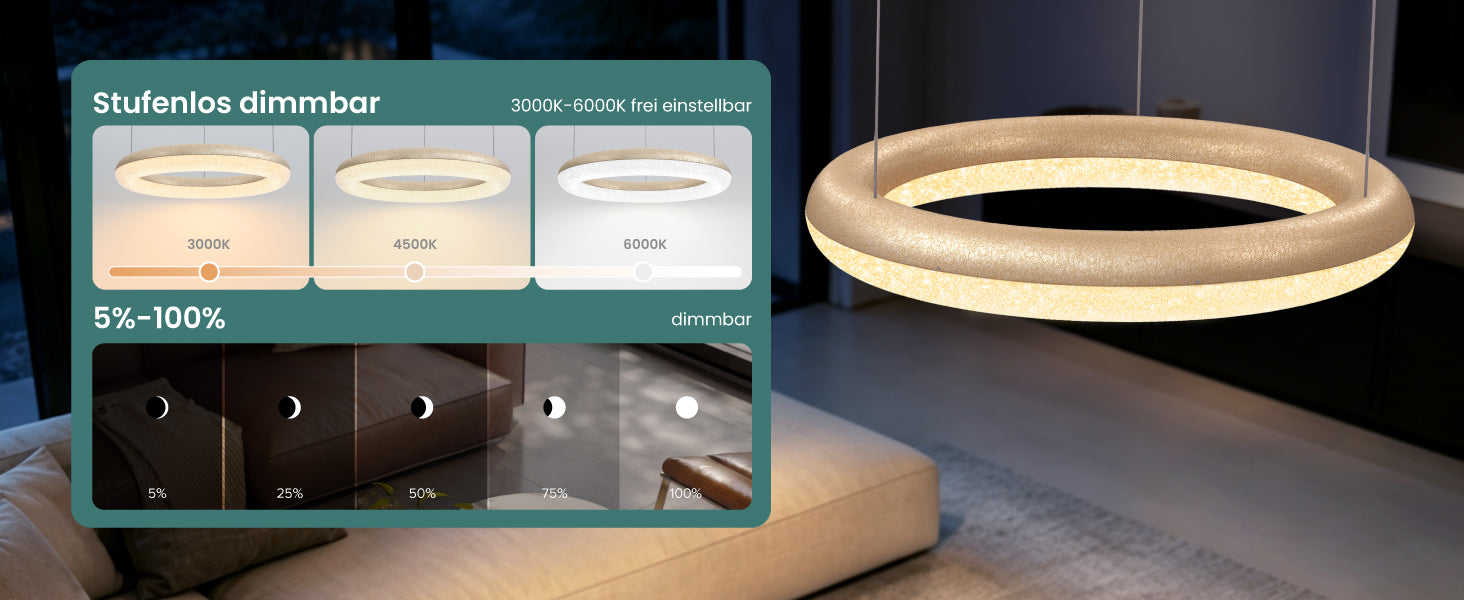 glasvilla Lampadario Sospensione, Lampada 3000-6000K con Filo 170 CM, Altezza Regolabile, Lampada da Soffitto a Sospensione per Camera da Letto, Cucina e Soggiorno, Luvina03