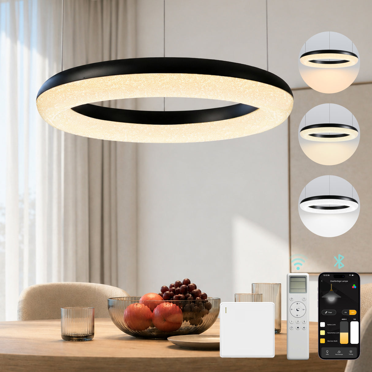 glasvilla Lampadario Sospensione, Lampada 3000-6000K con Filo 170 CM, Altezza Regolabile, Lampada da Soffitto a Sospensione per Camera da Letto, Cucina e Soggiorno, Luvina03