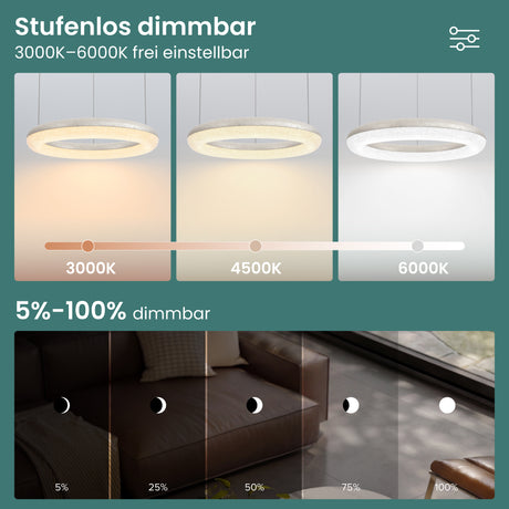 glasvilla Lampadario Sospensione, Lampada 3000-6000K con Filo 170 CM, Altezza Regolabile, Lampada da Soffitto a Sospensione per Camera da Letto, Cucina e Soggiorno, Luvina03