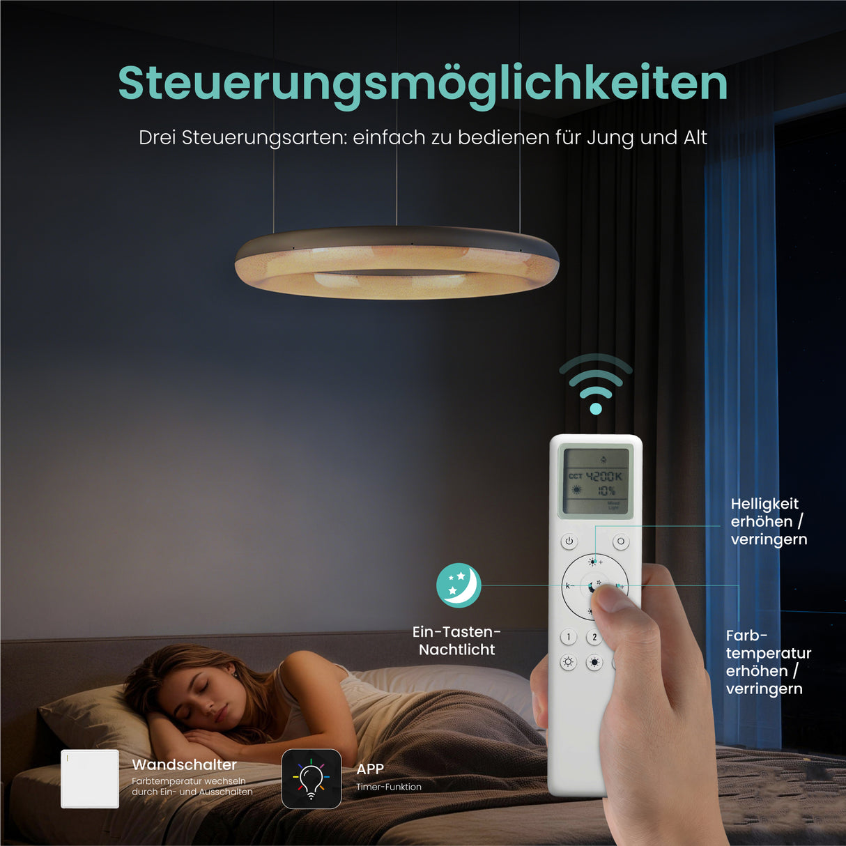 glasvilla Lampadario Sospensione, Lampada 3000-6000K con Filo 170 CM, Altezza Regolabile, Lampada da Soffitto a Sospensione per Camera da Letto, Cucina e Soggiorno, Luvina03