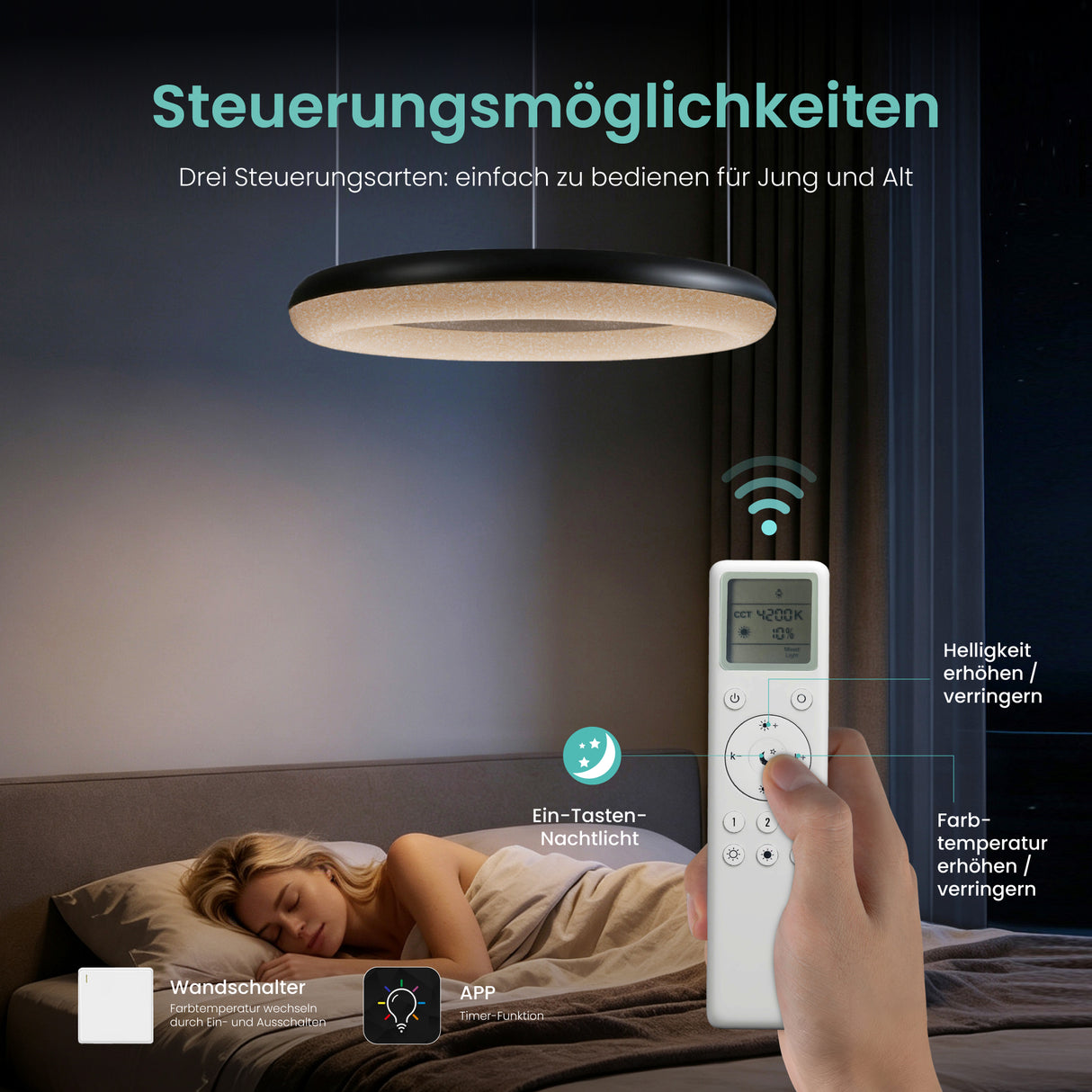 glasvilla Lampadario Sospensione, Lampada 3000-6000K con Filo 170 CM, Altezza Regolabile, Lampada da Soffitto a Sospensione per Camera da Letto, Cucina e Soggiorno, Luvina03