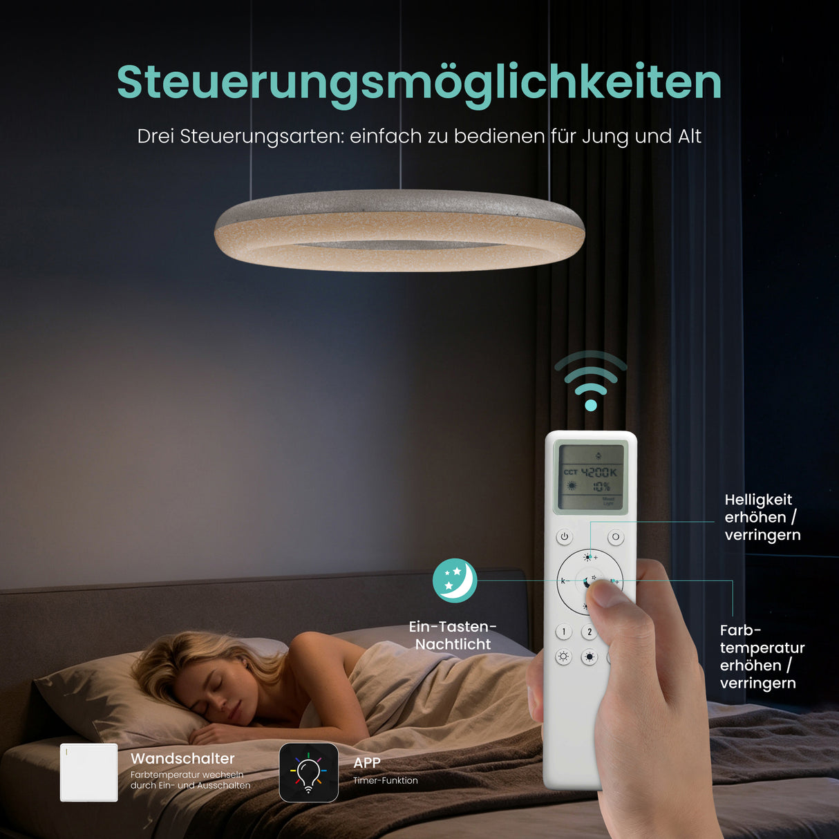 glasvilla Lampadario Sospensione, Lampada 3000-6000K con Filo 170 CM, Altezza Regolabile, Lampada da Soffitto a Sospensione per Camera da Letto, Cucina e Soggiorno, Luvina03