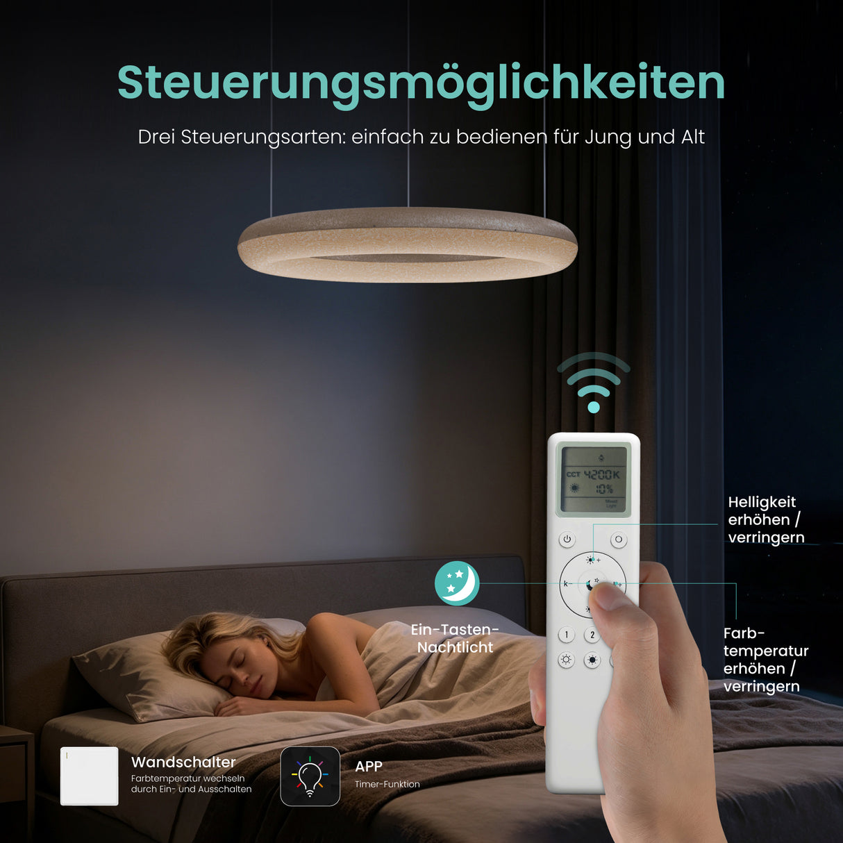 glasvilla Lampadario Sospensione, Lampada 3000-6000K con Filo 170 CM, Altezza Regolabile, Lampada da Soffitto a Sospensione per Camera da Letto, Cucina e Soggiorno, Luvina03