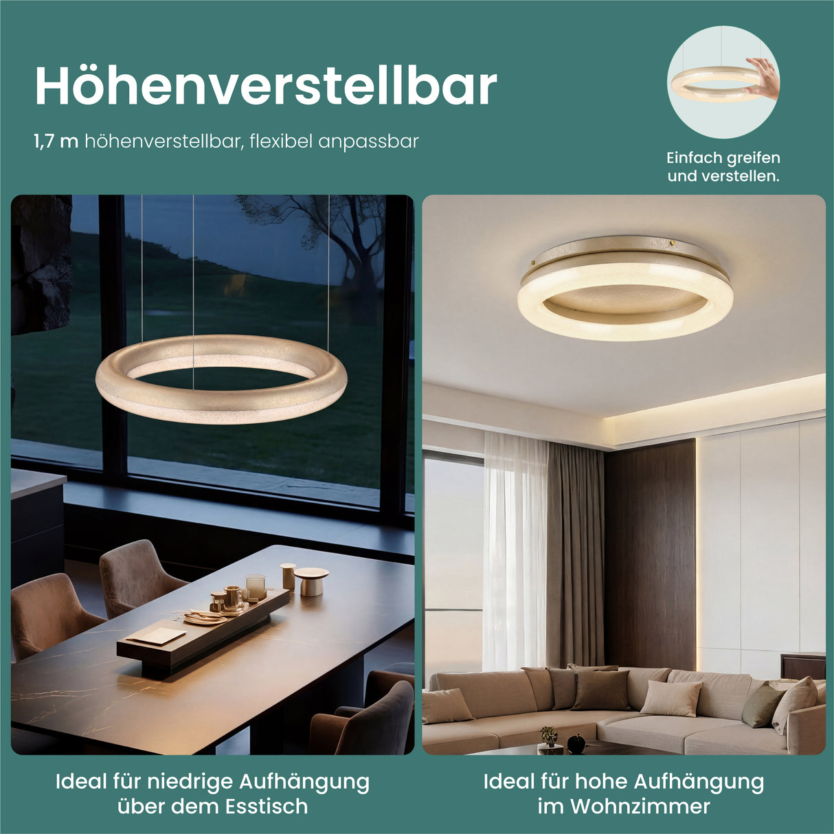 glasvilla Lampadario Sospensione, Lampada 3000-6000K con Filo 170 CM, Altezza Regolabile, Lampada da Soffitto a Sospensione per Camera da Letto, Cucina e Soggiorno, Luvina03