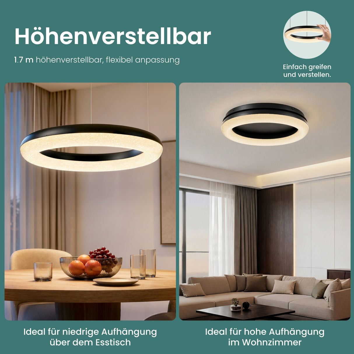 glasvilla Lampadario Sospensione, Lampada 3000-6000K con Filo 170 CM, Altezza Regolabile, Lampada da Soffitto a Sospensione per Camera da Letto, Cucina e Soggiorno, Luvina03