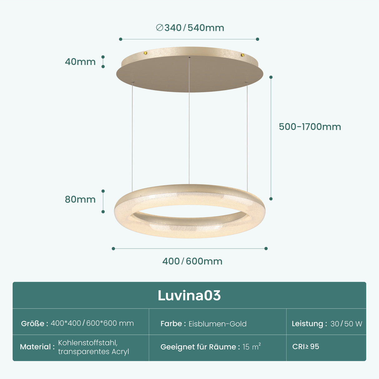 glasvilla Lampadario Sospensione, Lampada 3000-6000K con Filo 170 CM, Altezza Regolabile, Lampada da Soffitto a Sospensione per Camera da Letto, Cucina e Soggiorno, Luvina03
