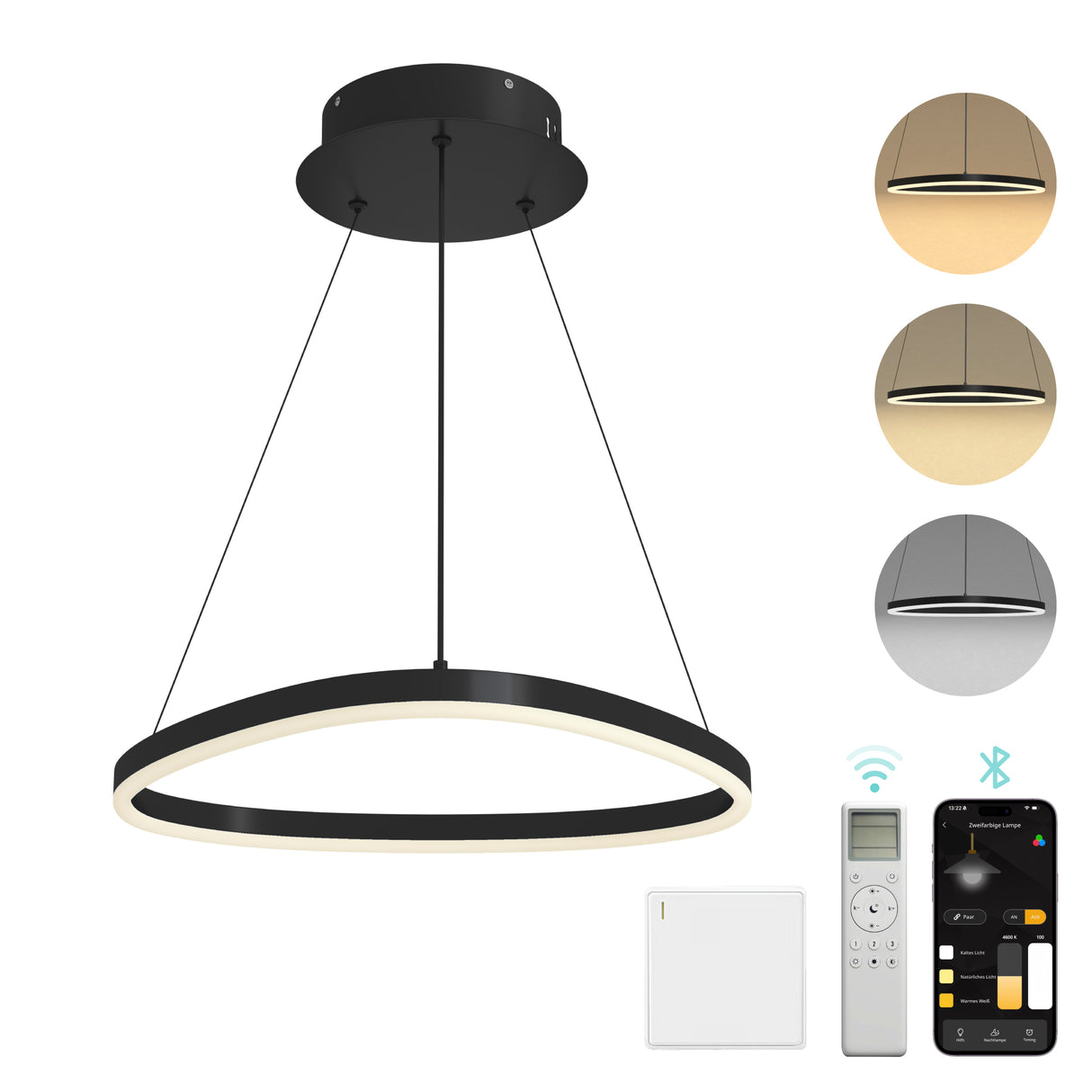 Glasvilla Design – Lámpara colgante LED 50 cm con diseño ondulado, regulable 3000K–6000K (16W)