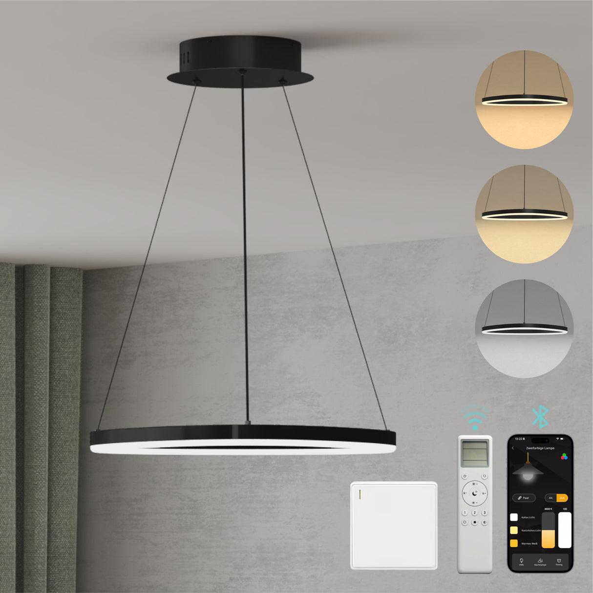 Glasvilla Design – Lámpara colgante LED 50 cm con diseño ondulado, regulable 3000K–6000K (16W)