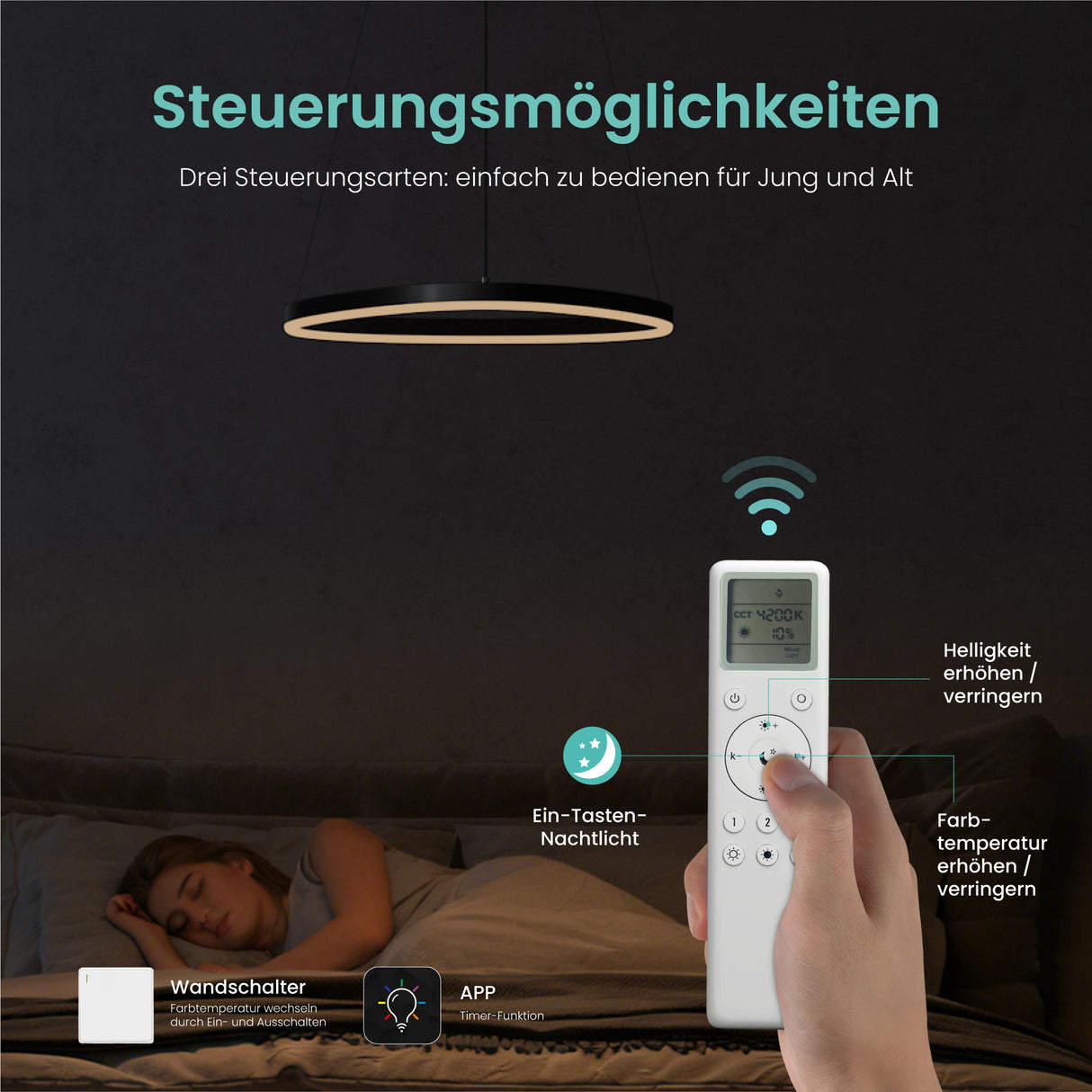 Glasvilla Design – Lámpara colgante LED 50 cm con diseño ondulado, regulable 3000K–6000K (16W)