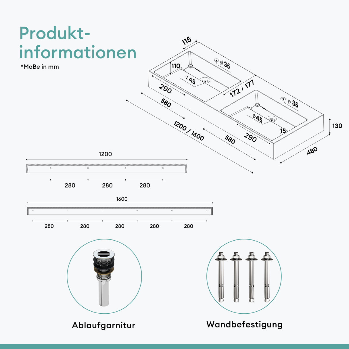 glasvilla Waschbecken Aufsatzwaschbecken Hängewaschbecken aus Mineralguss Col12