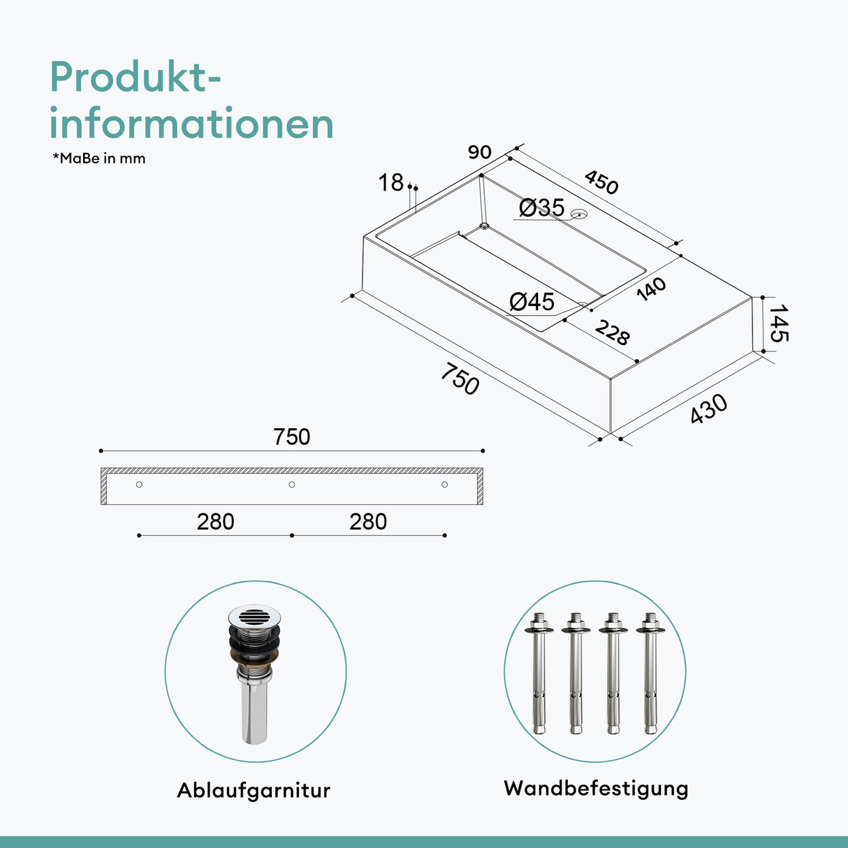 glasvilla Waschbecken Aufsatzwaschbecken Hängewaschbecken aus Mineralguss Col12