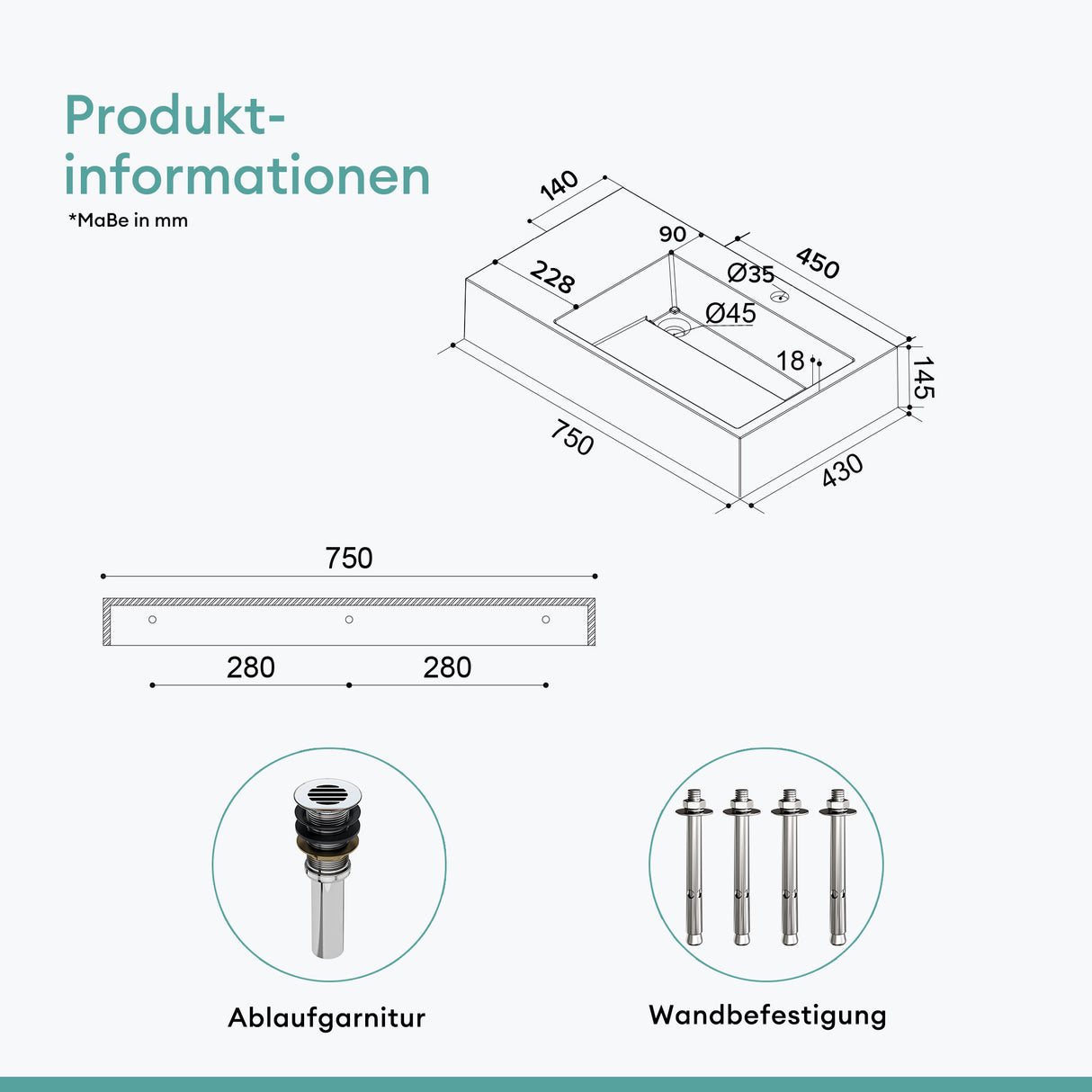 glasvilla Waschbecken Aufsatzwaschbecken Hängewaschbecken aus Mineralguss Col12