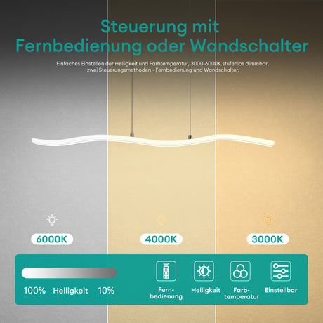 glasvilla Lampadario a Sospensione 36W, 97CM, Lampada da Soffitto a Sospensione Dimmerabile con Telecomando 3000K/4000K/6000K e Cavo Regolabile per Camera da Letto e Soggiorno