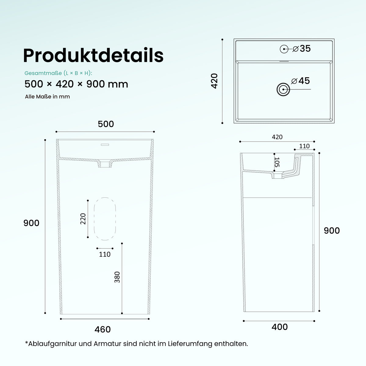 glasvilla Design Standwaschbecken freistehend  aus Mineralguss Waschtisch Col34