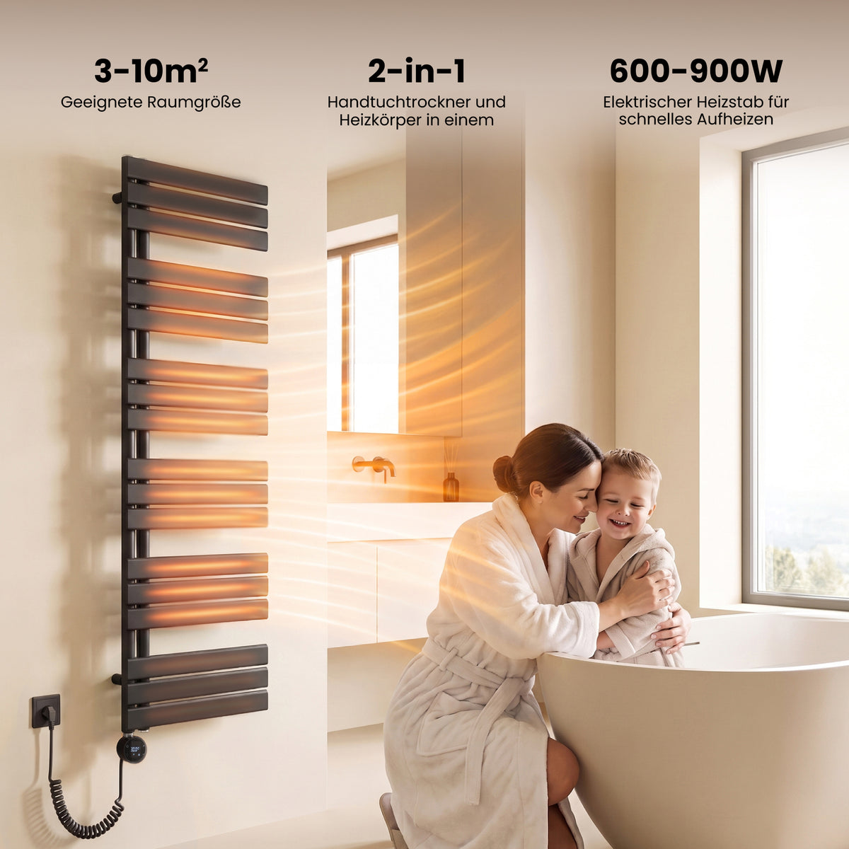 glasvilla Badheizkörper,mit Heizstab Badheizung,Handtuchheizkörper mit Seitenanschluss, Handtuchwärmer mit Heizstab 600W/900W, App-Steuerung, Thermostat und Timerfunktion,‎FN con Heizstab-03