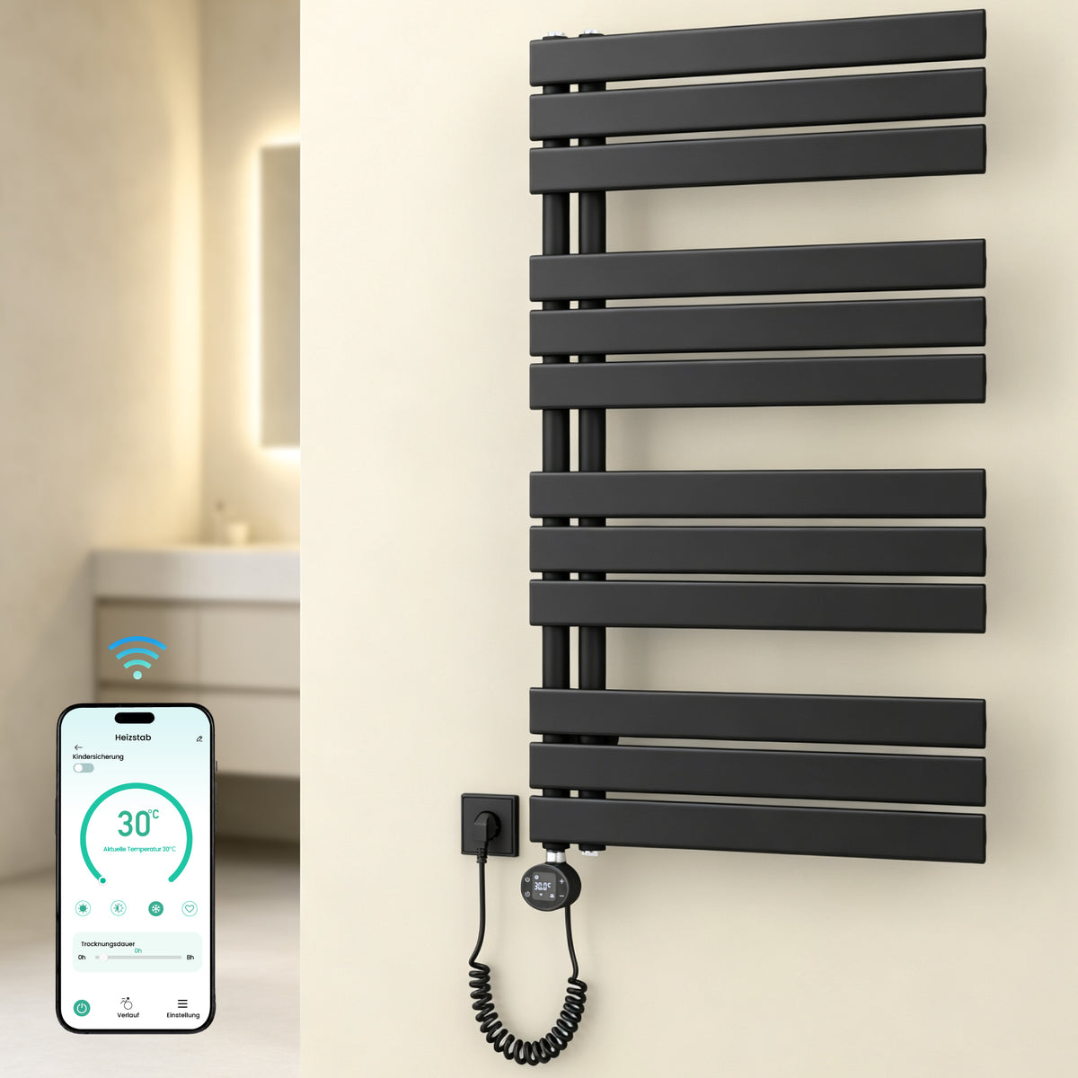 glasvilla Badheizkörper,mit Heizstab Badheizung,Handtuchheizkörper mit Seitenanschluss, Handtuchwärmer mit Heizstab 600W/900W, App-Steuerung, Thermostat und Timerfunktion,‎FN con Heizstab-03
