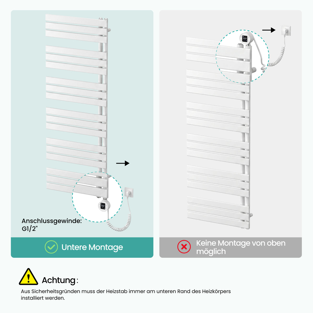 glasvilla Badheizkörper,mit Heizstab Badheizung,Handtuchheizkörper mit Seitenanschluss, Handtuchwärmer mit Heizstab 600W/900W, App-Steuerung, Thermostat und Timerfunktion,‎FN con Heizstab-03