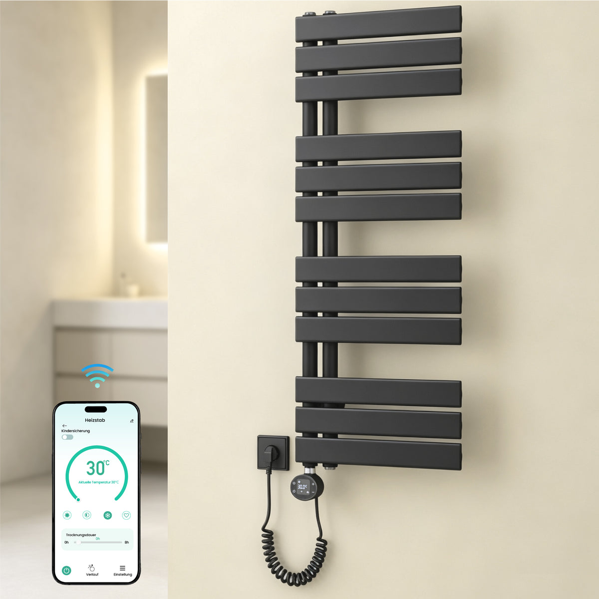 glasvilla Badheizkörper,mit Heizstab Badheizung,Handtuchheizkörper mit Seitenanschluss, Handtuchwärmer mit Heizstab 600W/900W, App-Steuerung, Thermostat und Timerfunktion,‎FN con Heizstab-03