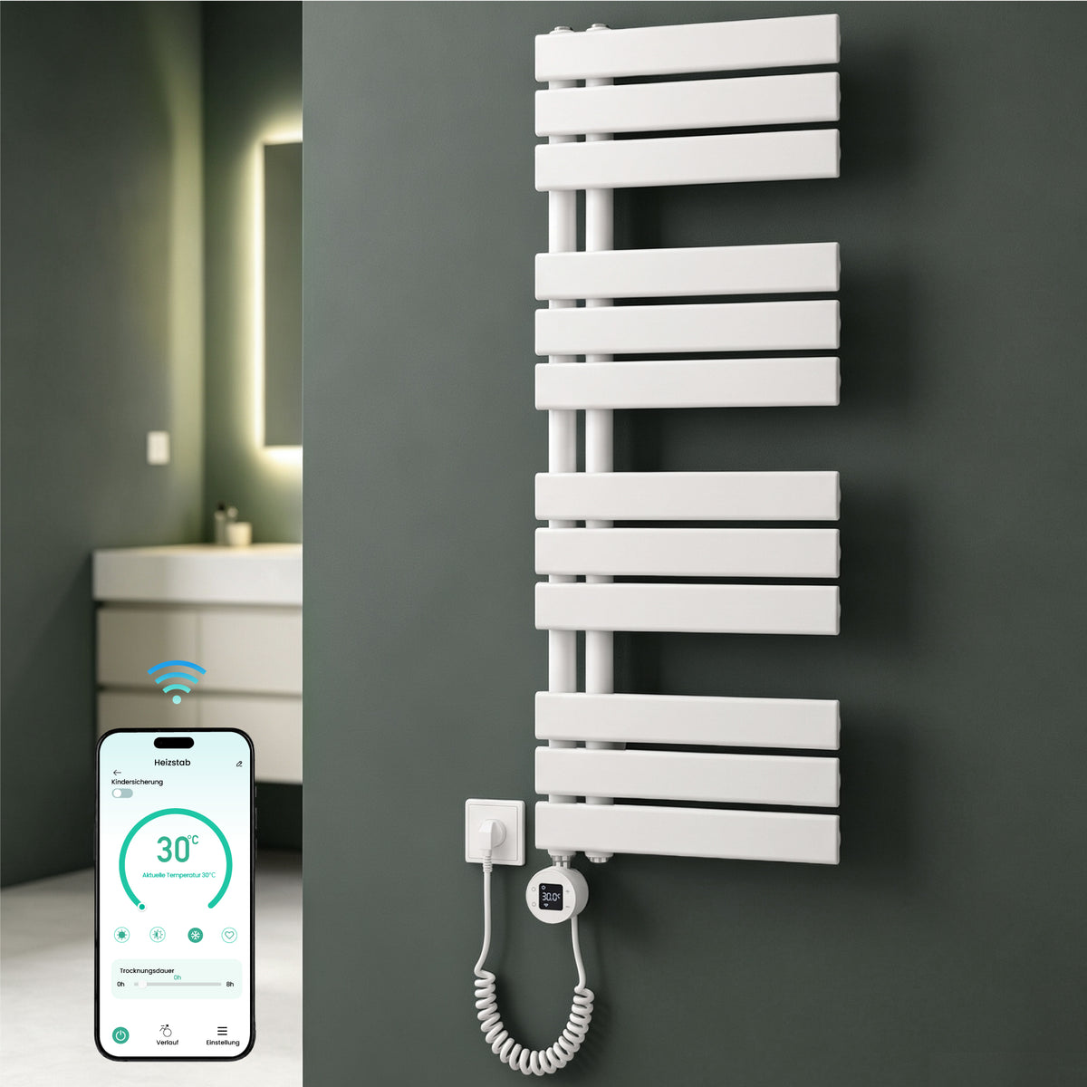 glasvilla Badheizkörper,mit Heizstab Badheizung,Handtuchheizkörper mit Seitenanschluss, Handtuchwärmer mit Heizstab 600W/900W, App-Steuerung, Thermostat und Timerfunktion,‎FN con Heizstab-03