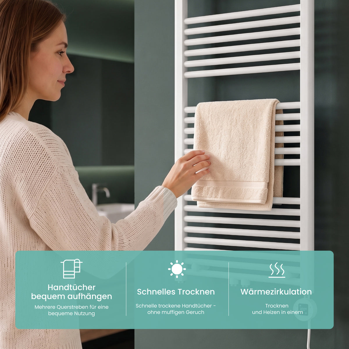 glasvilla Badheizkörper mit Heizstab  Badheizung  Handtuchheizkörper elektrisch mit App-Steuerung, Thermostat & Timer-Funktion, Röhrenheizkörper Seitenanschluss