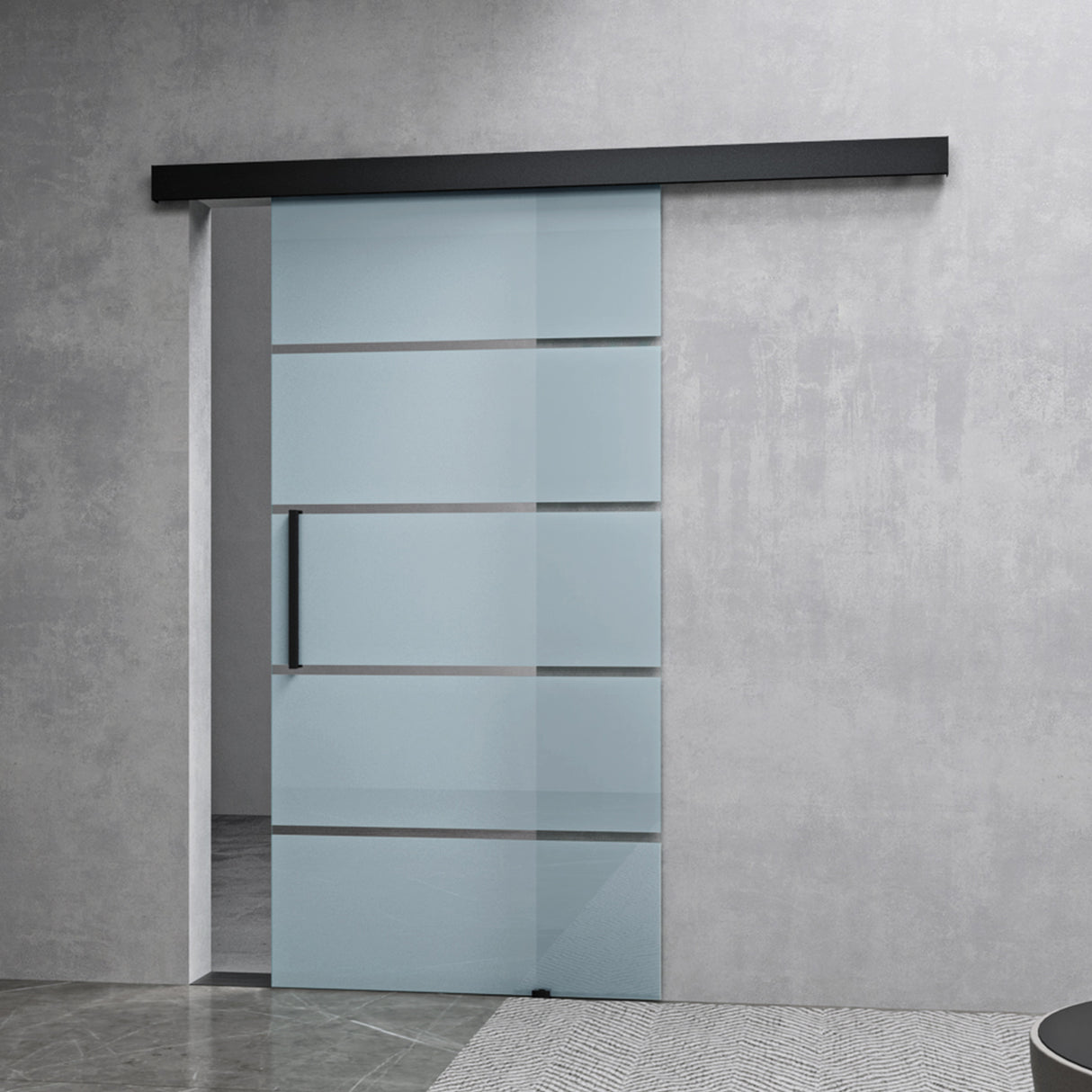 Set completo per porta scorrevole in vetro Glasvilla, tipo di maniglia: maniglia a barra, distanza dalla parete 15 mm, vetro di sicurezza ESG 8 mm Amalfi Black