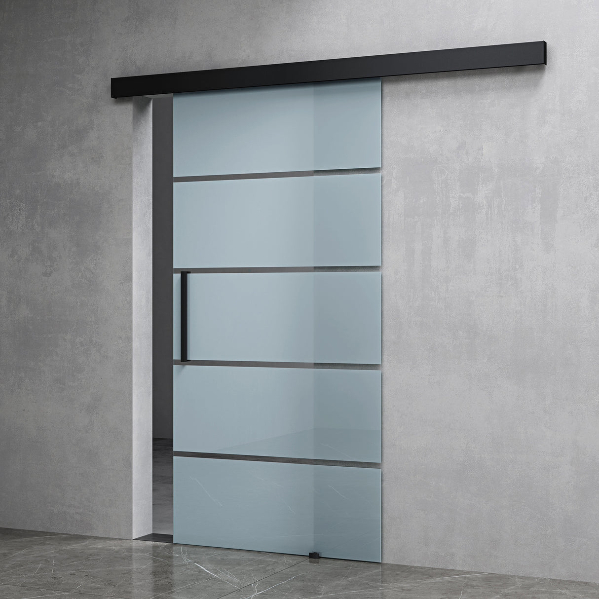 Set completo per porta scorrevole in vetro Glasvilla, tipo di maniglia: maniglia a barra, distanza dalla parete 15 mm, vetro di sicurezza ESG 8 mm Amalfi Black