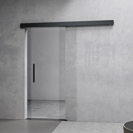 Set completo per porta scorrevole in vetro Glasvilla, tipo di maniglia: maniglia a barra, distanza dalla parete 15 mm, vetro di sicurezza ESG 8 mm Amalfi Black