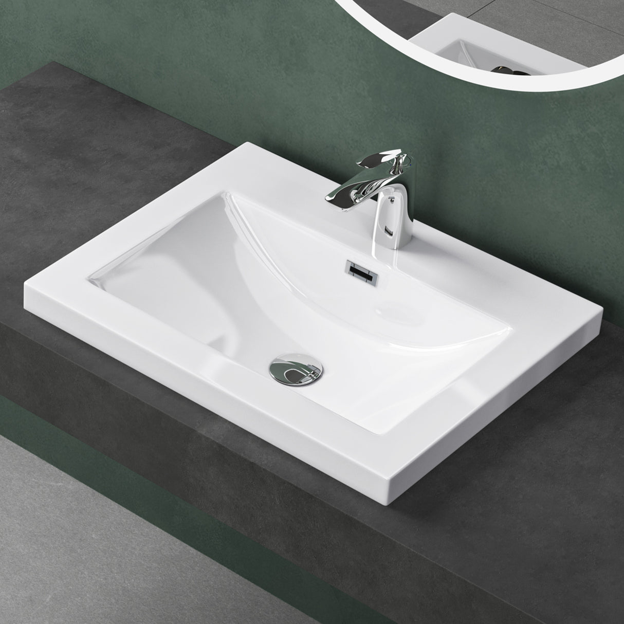 Lavabo Glasvilla Col01 Mineral Cast Rectangular con Desbordamiento y Orificio para Grifo