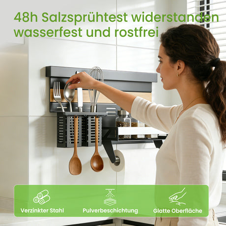 glasvilla Porta Spezie con Supporto per Cellulare o Porta Rotolo, Porta Coperchi a 3 Livelli e Porta Mestoli con 5 Ganci da Cucina, da Appendere con Guide, Reglo-09-12