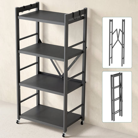 Glasvilla Scaffale da Cucina a 4 Ripiani con Ruote, Carrello da Cucina in Metallo Pieghevole, 4 Ganci Laterali, Portaoggetti per Condimenti, Pentole e Elettrodomestici, Grigio, 60x41x125cm, Reglo-13