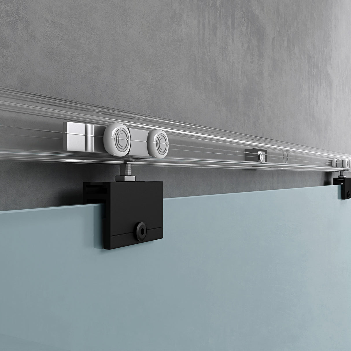 Set completo per porta scorrevole in vetro Glasvilla, tipo di maniglia: maniglia a barra, distanza dalla parete 15 mm, vetro di sicurezza ESG 8 mm Amalfi Black