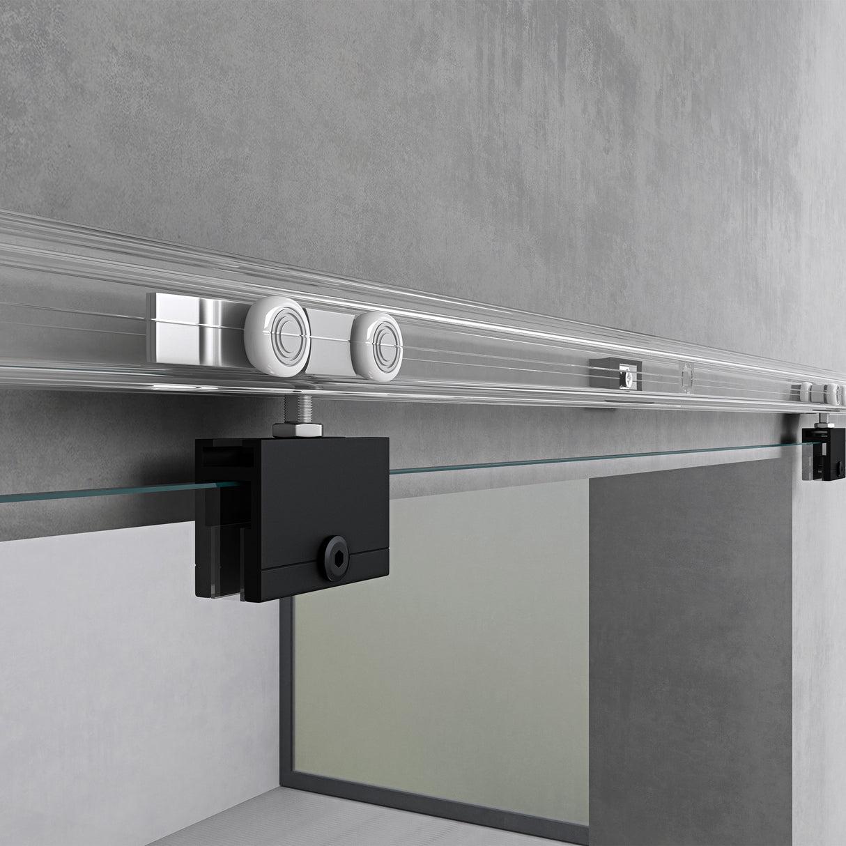 Set completo per porta scorrevole in vetro Glasvilla, tipo di maniglia: maniglia a barra, distanza dalla parete 15 mm, vetro di sicurezza ESG 8 mm Amalfi Black