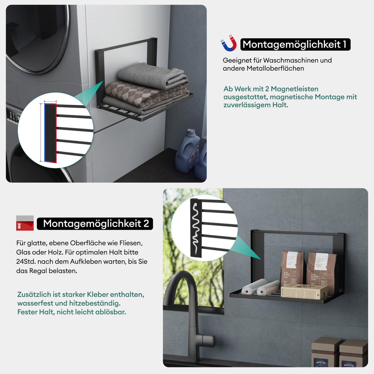 glasvolla Handtuchhalter Badetuchhalter Magnetische Regale für Waschmaschine Klappregal Wandregal ohne Bohren 41x25cm Multifunktionaler Regal für Kühlschrankseit, Bad, Küche Folda-01